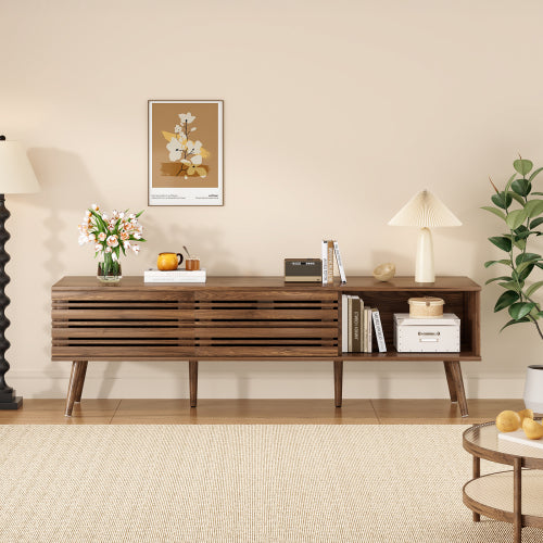 Mid-Century Fluted Media Console with Cable Cutouts Storage TV Stand for 70 Inch Flat Screen TV