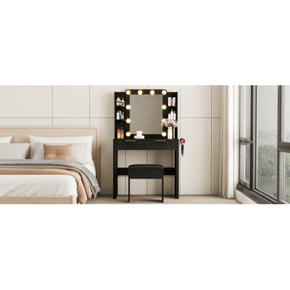 Makeup Vanity Desk with 10 Hollywood Bulbs, Fluted Dressing Table with Charging Station, 2 Drawers and 4 Open Shelves, Hairdryer Holder, Padded Stool with Storage , Black