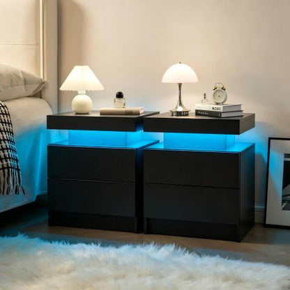 Set of 2 Black LED Nightstands with Drawers