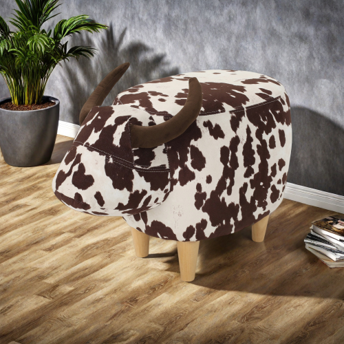 Brown & White Cow Shaped Animal Ottoman, Fabric Accent Footstool with Velvet Horns and Birch Wood Legs for Home Decor