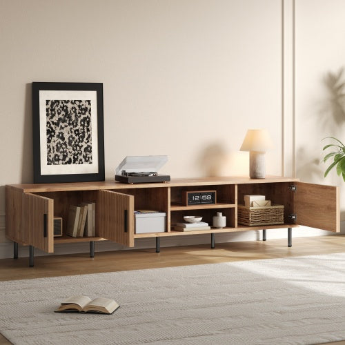 78.7 inch Natural Wood Vertical Groove TV Stand Heavy Iron Leg Entertainment Center For 85 inch TV