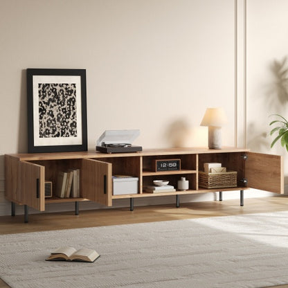 78.7 inch Natural Wood Vertical Groove TV Stand Heavy Iron Leg Entertainment Center For 85 inch TV