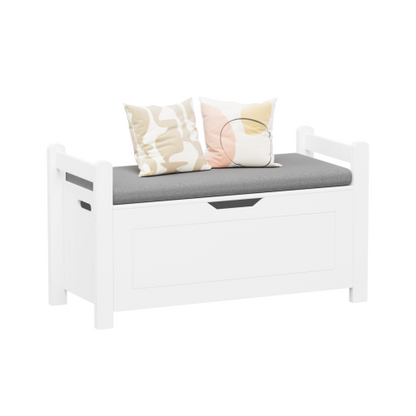 Kids Toy Box Chest, White Toy Box for Boys Girls, Large Storage Cabinet with Cushion Seat Bench/Flip-Top Lid/Safety Hinge, Toy Storage Organizer Trunk for Nursery, Playroom