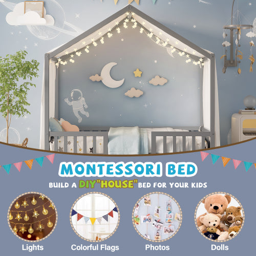 Montessori Floor Bed with Canopy, Twin Bed Frame for Kids, House Shape Toddler Bed Frame with High Railings, Wood Kids Bed with Roof, Kid Twin Bed, Grey