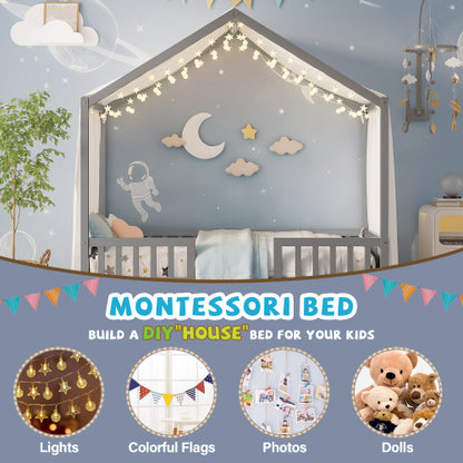 Montessori Floor Bed with Canopy, Twin Bed Frame for Kids, House Shape Toddler Bed Frame with High Railings, Wood Kids Bed with Roof, Kid Twin Bed, Grey