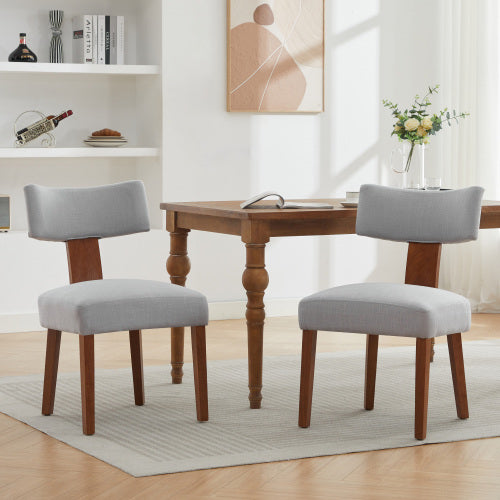 Set of 2 Gray Linen Curved Wingback Dining Chairs, Light Brown Rubber Wood Legs 250lbs Capacity