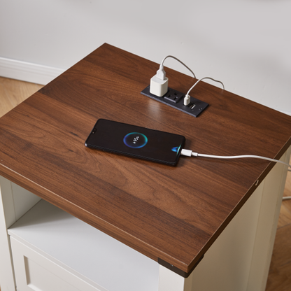 White Farmhouse Nightstand with Charging Station