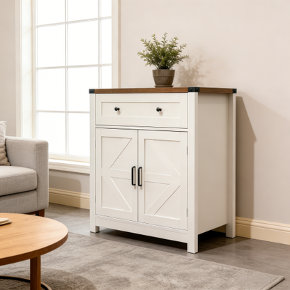 White & Wood-Grain Top Farmhouse Barn-Door Storage Cabinet, Coffee Bar Buffet Sideboard with Drawer for Kitchen & Living Room