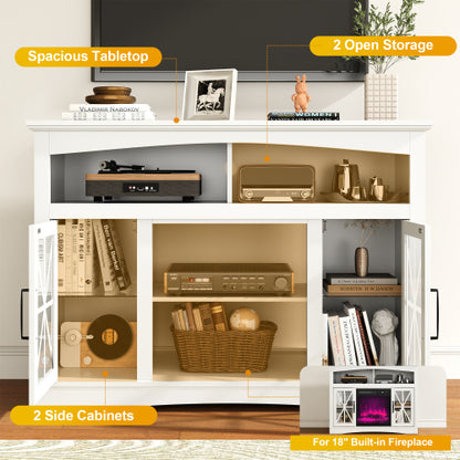 47 Inch White Farmhouse Retro TV Console with Glass Doors, LED Lights & UL Certified Fireplace Space