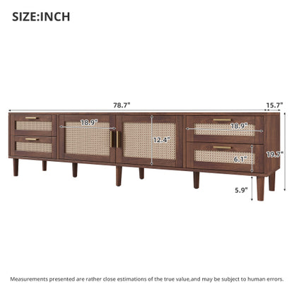78.7 inch Dark Brown PE Rattan TV Stand 4 Drawers Soft Close Hinges For 85 Inch TV