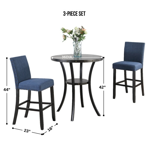 3-Piece 36inch  Round Espresso Finish Bar Table with 2 Blue Fabric Nail Head Pub Chairs