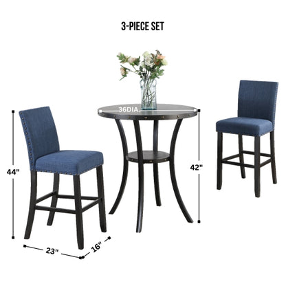 3-Piece 36inch  Round Espresso Finish Bar Table with 2 Blue Fabric Nail Head Pub Chairs