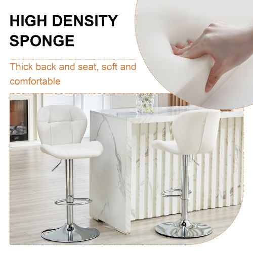 Set of 2 Height Adjustable Bar Stools, PU Upholstered Tufted Backrest Chairs with Chrome-Plated Metal Base & Footrest for Kitchen Island, Pub, Bar (White)