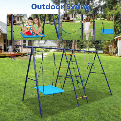 6 in 1 Swing Set With Climbing Ladder, Climbing Net, Trapeze bar, Hammock Swing, Belt Swing, Basketball hoop for Backyard