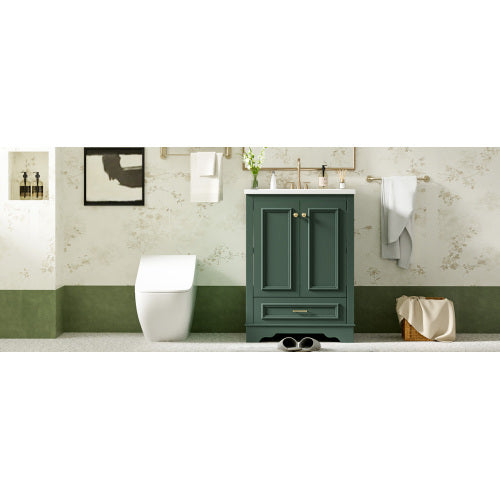 24'' Bathroom Vanity with Ceramic Sink Combo, Modern Freestanding Storage Cabinet with Silver Handles, Soft Closing Doors