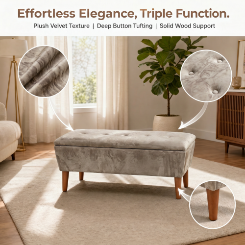 42 Inch Rectangular Linen Ottoman Bench, Solid Wood Tapered Legs, Multi-Use End of Bed & Entryway Shoe Ottoman