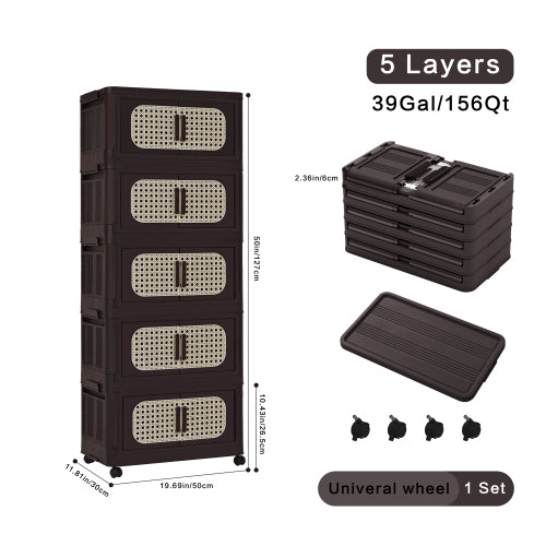 Retro Brown 20 Inch Five-Tier Folding Plastic Storage Cabinet Magnetic Door With Universal Moving Wheels