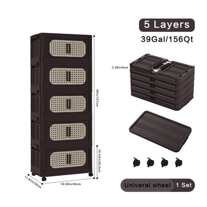 Retro Brown 20 Inch Five-Tier Folding Plastic Storage Cabinet Magnetic Door With Universal Moving Wheels