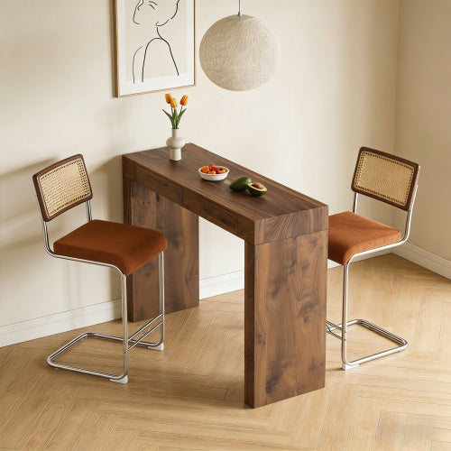2-piece velvet bar chair combination, paired with walnut wood grain bar table, including storage function, suitable for restaurants and cafes