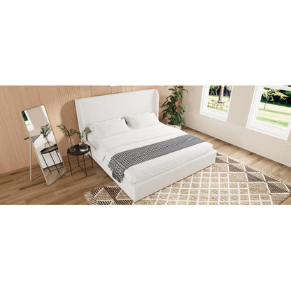 Queen Size Boucle Bed Frame, Upholstered Cloud Bed Frame with Headboard, Solid Wood Legs and Slats, No Box Spring Needed, White