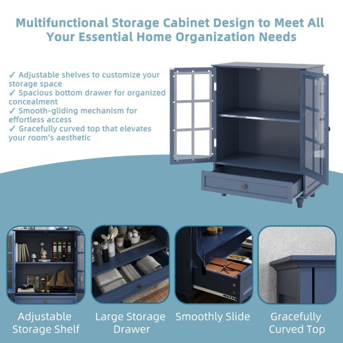 Vintage Blue Buffet Cabinet with Glass Doors Drawer and Adjustable Shelves