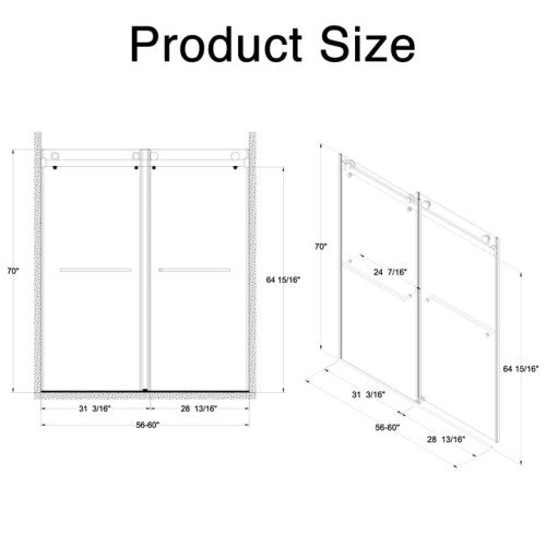 56-60"W x 70"H Frameless Double Sliding Shower Door,5/16" (8mm) Thick SGCC Tempered Clear Glass,Double Side Easy Clean Coat,Brushed Gold Finished With Buffer