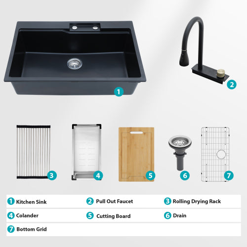 Drop In Waterfall Kitchen Sink - 33" x 22" x 10" Black Composite Granite Quartz Single Bowl Workstation kitchen sink with Pull-Out Faucet