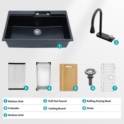 Drop In Waterfall Kitchen Sink - 33" x 22" x 10" Black Composite Granite Quartz Single Bowl Workstation kitchen sink with Pull-Out Faucet