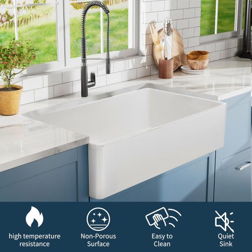 33 inch White Farmhouse Sink, Fireclay Apron Front Farm Kitchen Sinks Farmhouse Ceramic Porcelain Single Bowl Deep Large Capacity Kitchen Sink with Stainless Steel Grid and Strainer