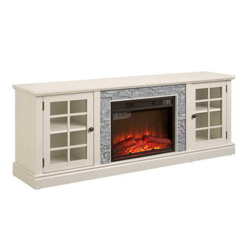 70 Inch TV Stand with 23 Inch Electric Fireplace Faux Stone White Console