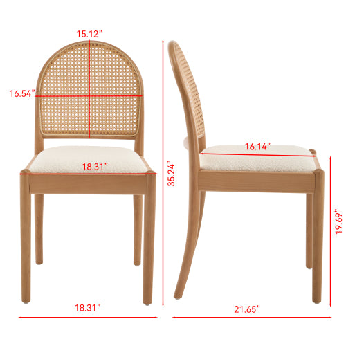 Set of 2 Beige Rattan Back Linen Dining Chairs, Solid Wood Leg Teddy Cushion 275lbs Capacity