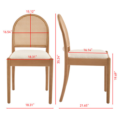 Set of 2 Beige Rattan Back Linen Dining Chairs, Solid Wood Leg Teddy Cushion 275lbs Capacity