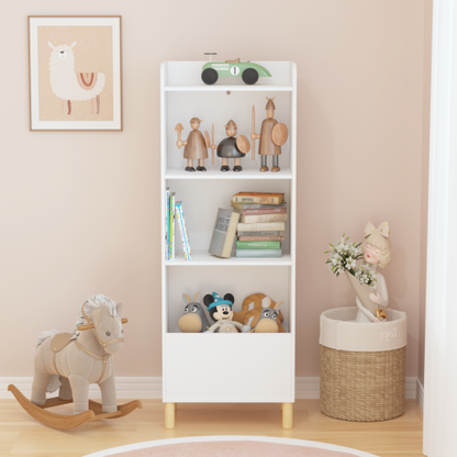 Kids 4-Tier Bookcase and Toy Storage Organizer with Pine Legs, White