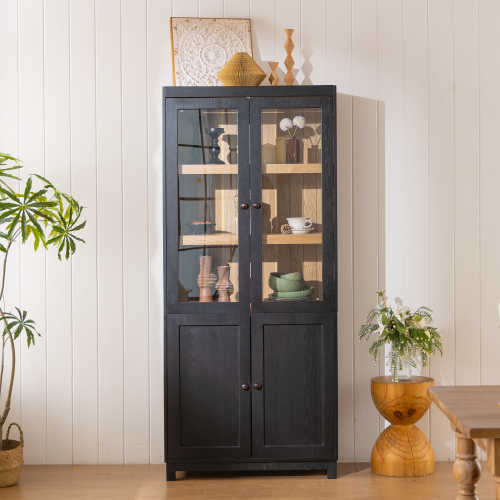 74.5''H Ash Wood Grain Mid-Century Glass Door Display Cabinet Adjustable Shelf Home Storage Cabinet