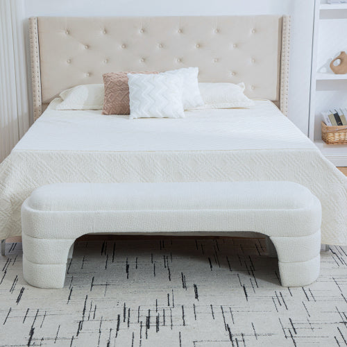 64.96inch Wide Modern Upholstered Armless Upholstered Bedroom Benches End of Bed Bench for Entryway, Ottoman Foot Stool for Living Room and Bedroom, Entryway,White Boucle