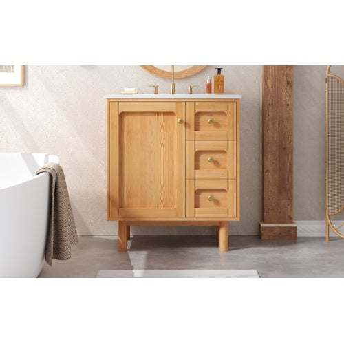 30 Inch Bathroom Vanity with Ceramic Sink, Bathroom Vanity with 3 Drawers, 1 large Soft Closing Door, Farmhouse Bathroom Storage Cabinet , Ideal for Home