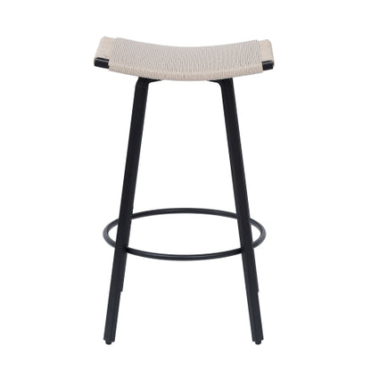 Counter Height Bar Stools Backless Handwoven Kitchen Dining Chairs with Round Footrest Set of 2 PVC Weaving Pub Stool for Indoor & Outdoor (Black & Creamy White)