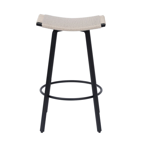 Counter Height Bar Stools Backless Handwoven Kitchen Dining Chairs with Round Footrest Set of 2 PVC Weaving Pub Stool for Indoor & Outdoor (Black & Creamy White)