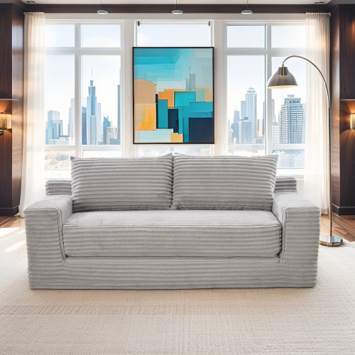 56-Inch Grey Corduroy Memory-Foam Compression Convertible Loveseat Sofa No-Assembly for Small-Space Apartment Home-Office