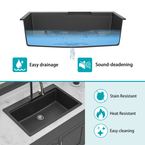 Drop In Waterfall Kitchen Sink - 33" x 22" x 10" Black Composite Granite Quartz Single Bowl Workstation kitchen sink with Pull-Out Faucet