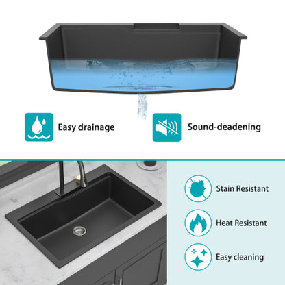 Drop In Waterfall Kitchen Sink - 33" x 22" x 10" Black Composite Granite Quartz Single Bowl Workstation kitchen sink with Pull-Out Faucet