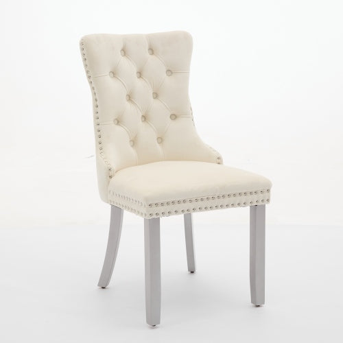 Set of 2 Milky White Mid-Century Velvet Tufted Dining Chairs, Solid Wood Leg Nailhead Trim 280lbs Weight Capacity