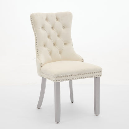 Set of 2 Milky White Mid-Century Velvet Tufted Dining Chairs, Solid Wood Leg Nailhead Trim 280lbs Weight Capacity