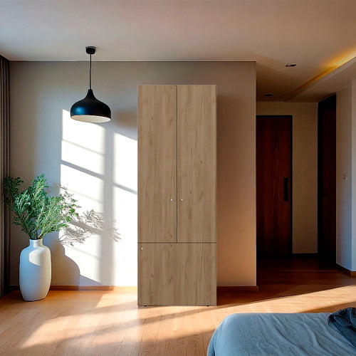 3-Door Tall Wardrobe Cabinet with 4 Shelves – Freestanding Storage Armoire for Bedroom or Entryway, Natural Oak