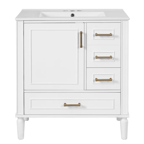 30" Bathroom Vanity with Ceramic Sink, Soft-Close Door with Built-in Shelf, Deep Drawer, Standard Drawer, Long Divider Drawer, Ample Storage Cabinet for Bathroom, Modern & Functional Design