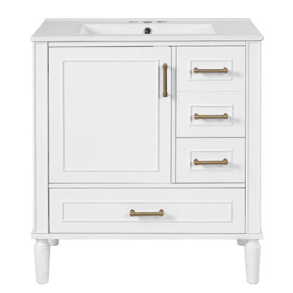 30" Bathroom Vanity with Ceramic Sink, Soft-Close Door with Built-in Shelf, Deep Drawer, Standard Drawer, Long Divider Drawer, Ample Storage Cabinet for Bathroom, Modern & Functional Design