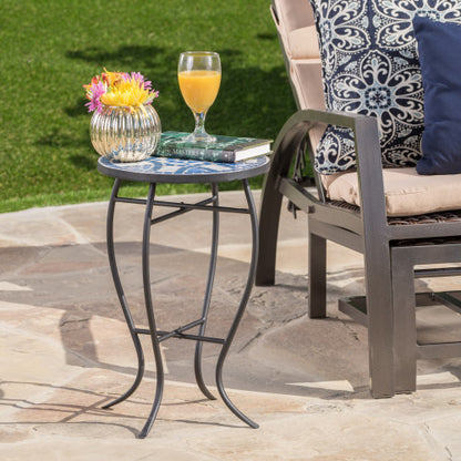 Outdoor Round Side Table with Mosaic-Style Top and Curved Iron Legs, End Table-Blue ,Wihte and Matte Black
