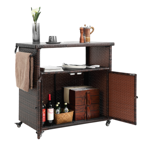 Outdoor Wicker Bar Cart, Patio Wine Serving Cart w/Wheels , Rolling Rattan Beverage Bar Counter Table plastic wood Top for Porch Backyard Garden Poolside Party, Light brown