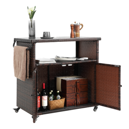 Outdoor Wicker Bar Cart, Patio Wine Serving Cart w/Wheels , Rolling Rattan Beverage Bar Counter Table plastic wood Top for Porch Backyard Garden Poolside Party, Light brown