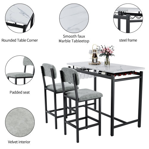 3-Piece Marble Finish Dining Set, Black Table & 2 Grey PU Upholstered Chairs